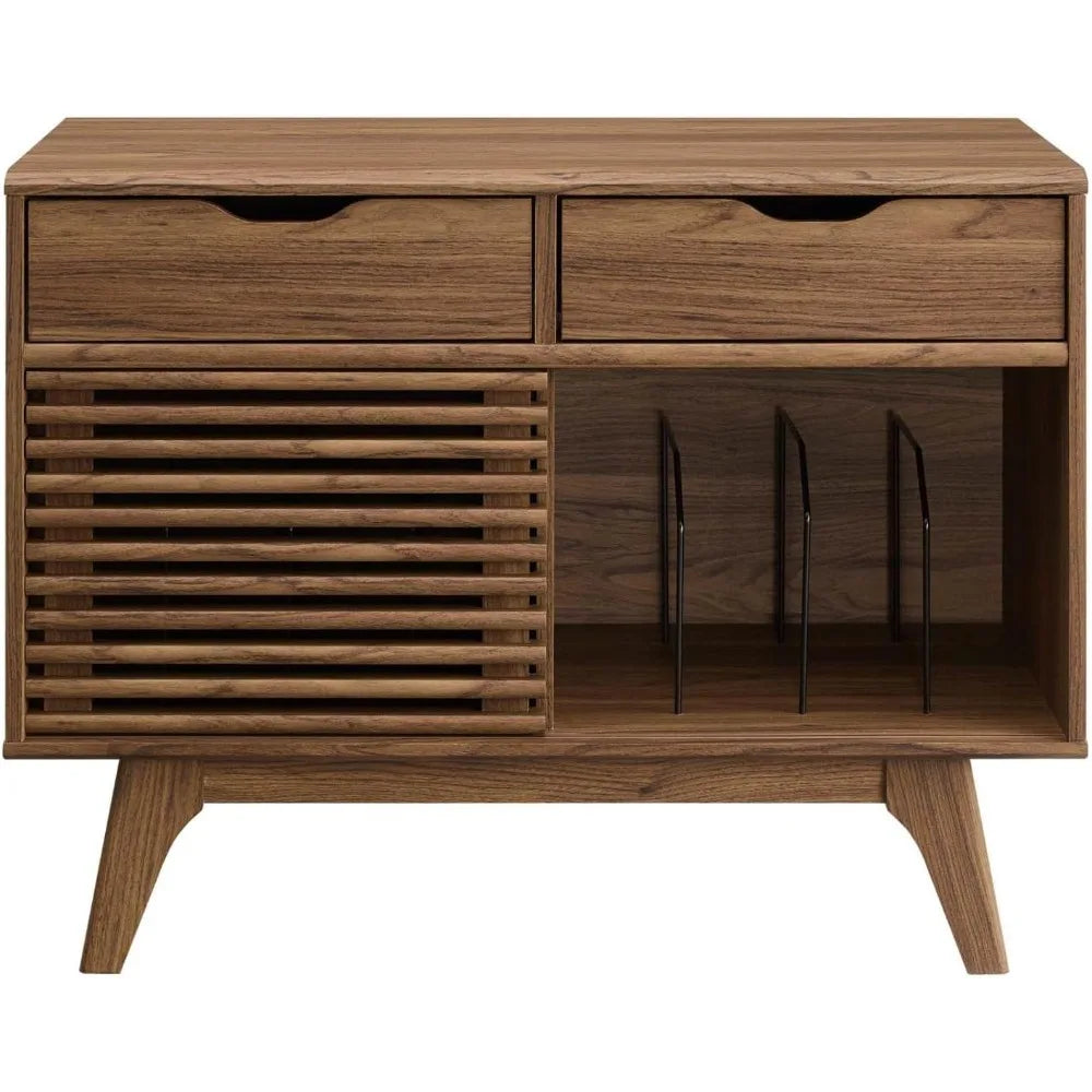 Dresden Collection | Compact Tapered-Leg Walnut Record Console - highlighting material texture and craftsmanship detail in a Mid-Century Modern entryway setting.