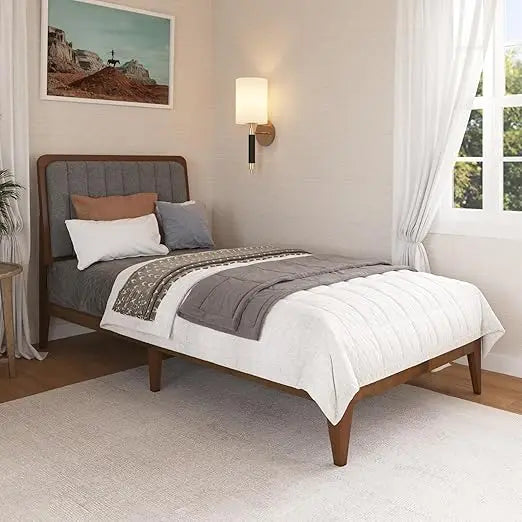 Dresden Collection | Tapered-Leg Danish-Inspired Walnut Queen Bed Frame - showcasing full sculptural form and curated finish in a Mid-Century Modern bedroom setting.