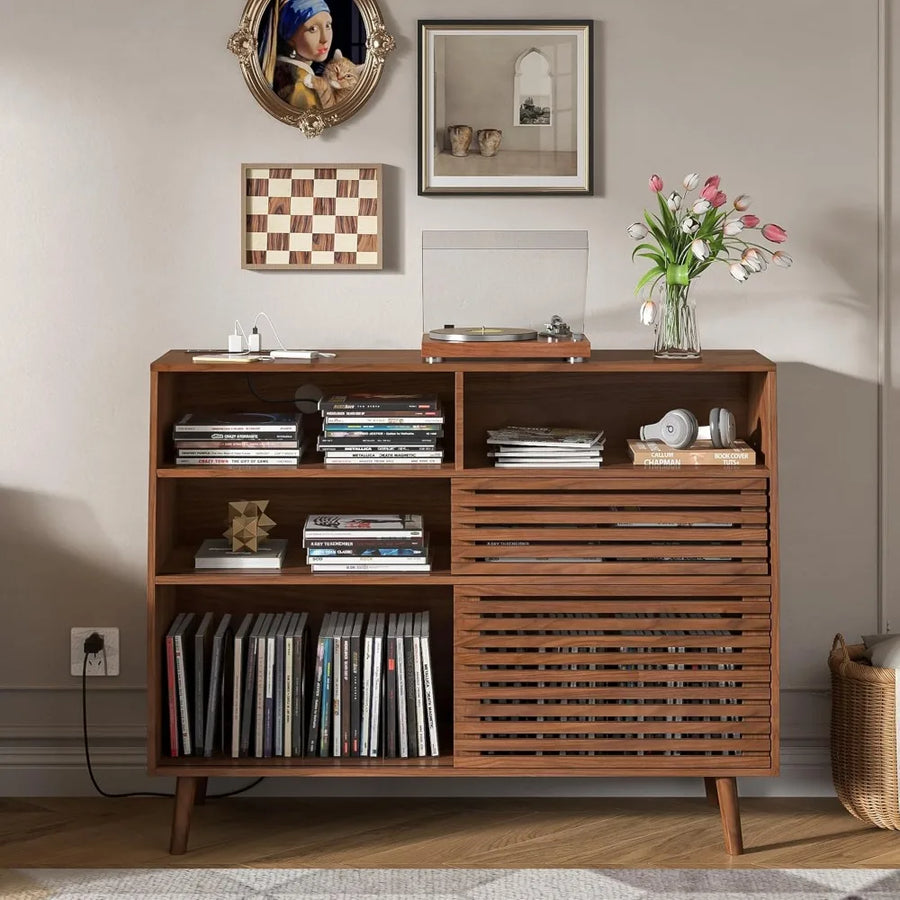 Ellington Collection | Geometric Danish-Inspired Walnut Record Console - showcasing full sculptural form and curated finish in a Mid-Century Modern entryway setting.