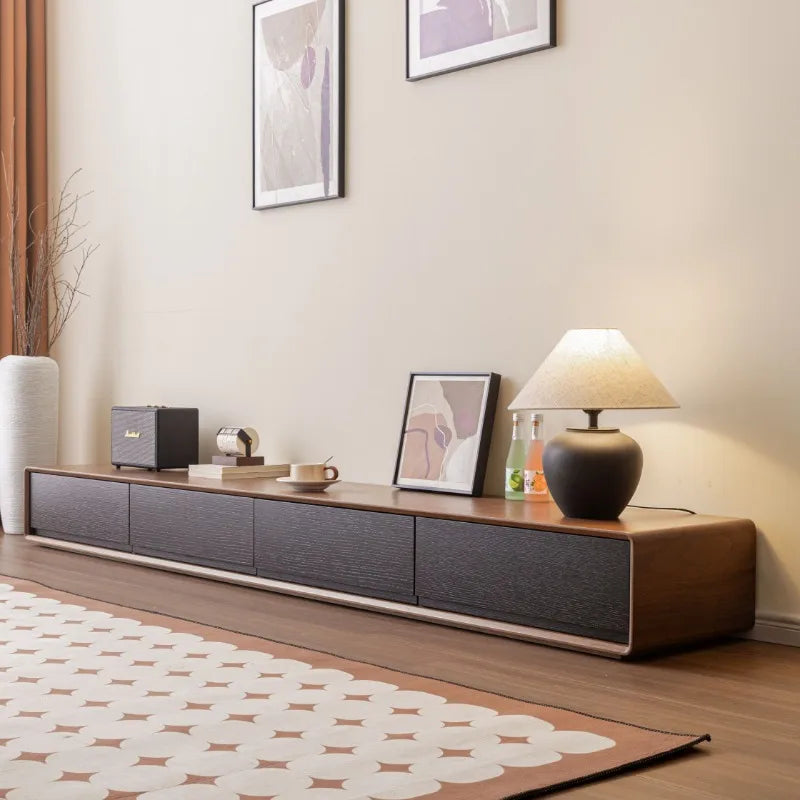 Cordoba Collection | Minimalist Walnut Media Console with Hearth - highlighting material texture and craftsmanship detail in a Mid-Century Modern entryway setting.