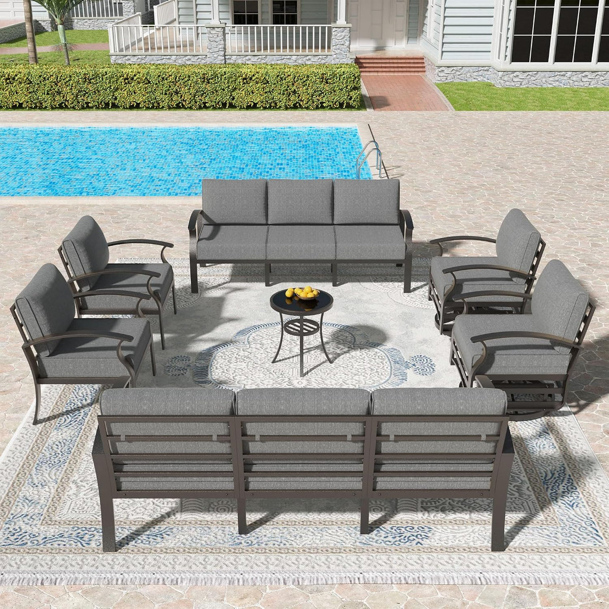 Aluminum Patio Furniture Set,7 Piece Modern Metal Outdoor Patio Furniture W/5.1'' Thick Cushion and Swivel Chairs,Patio Conversation Sets for Porch,Deck,Grey
