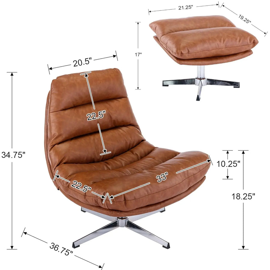 Ellington Collection | Floating Leather-Wrapped Walnut Swivel Chair and Ottoman - showcasing full sculptural form and curated finish in a Mid-Century Modern living room setting.