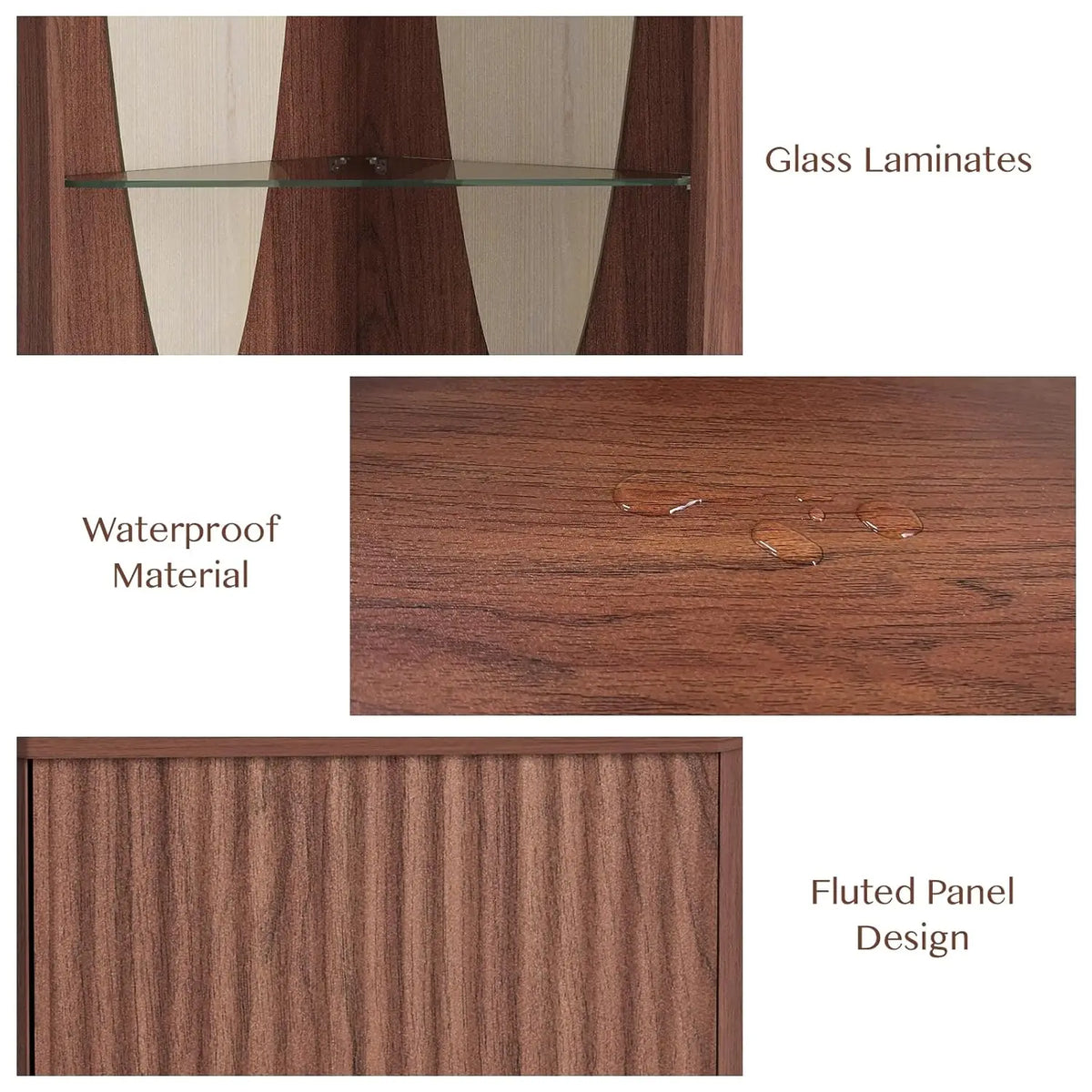 Fontaine Collection | Fluted Glass-Topped Walnut Corner Bar Cabinet - revealing tonal warmth and surface patina under ambient light in a Mid-Century Modern dining room setting.