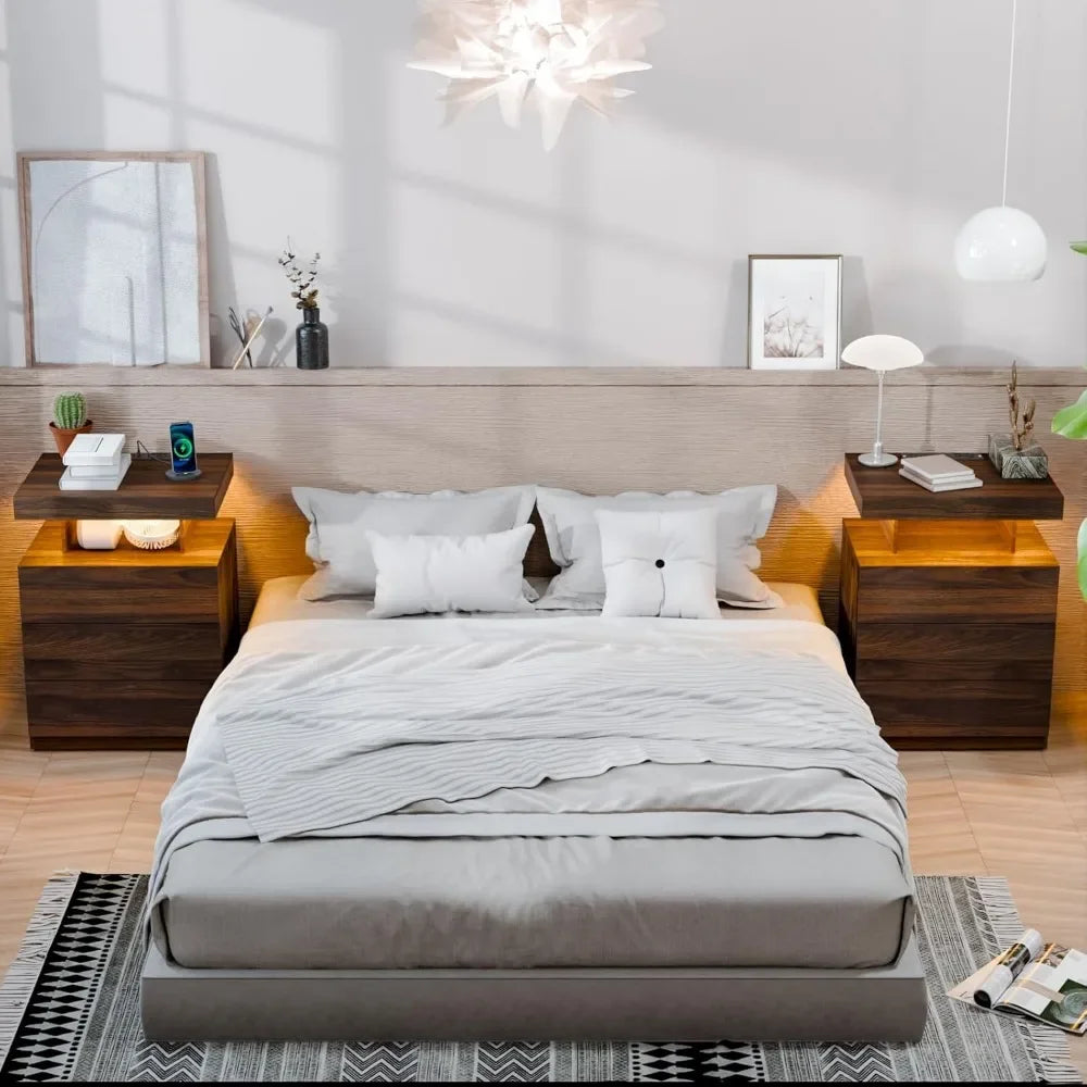 Meridian Collection | Streamlined Brass-Accented LED Nightstand with Charging - demonstrating proportional harmony within the collection in a Mid-Century Modern bedroom setting.