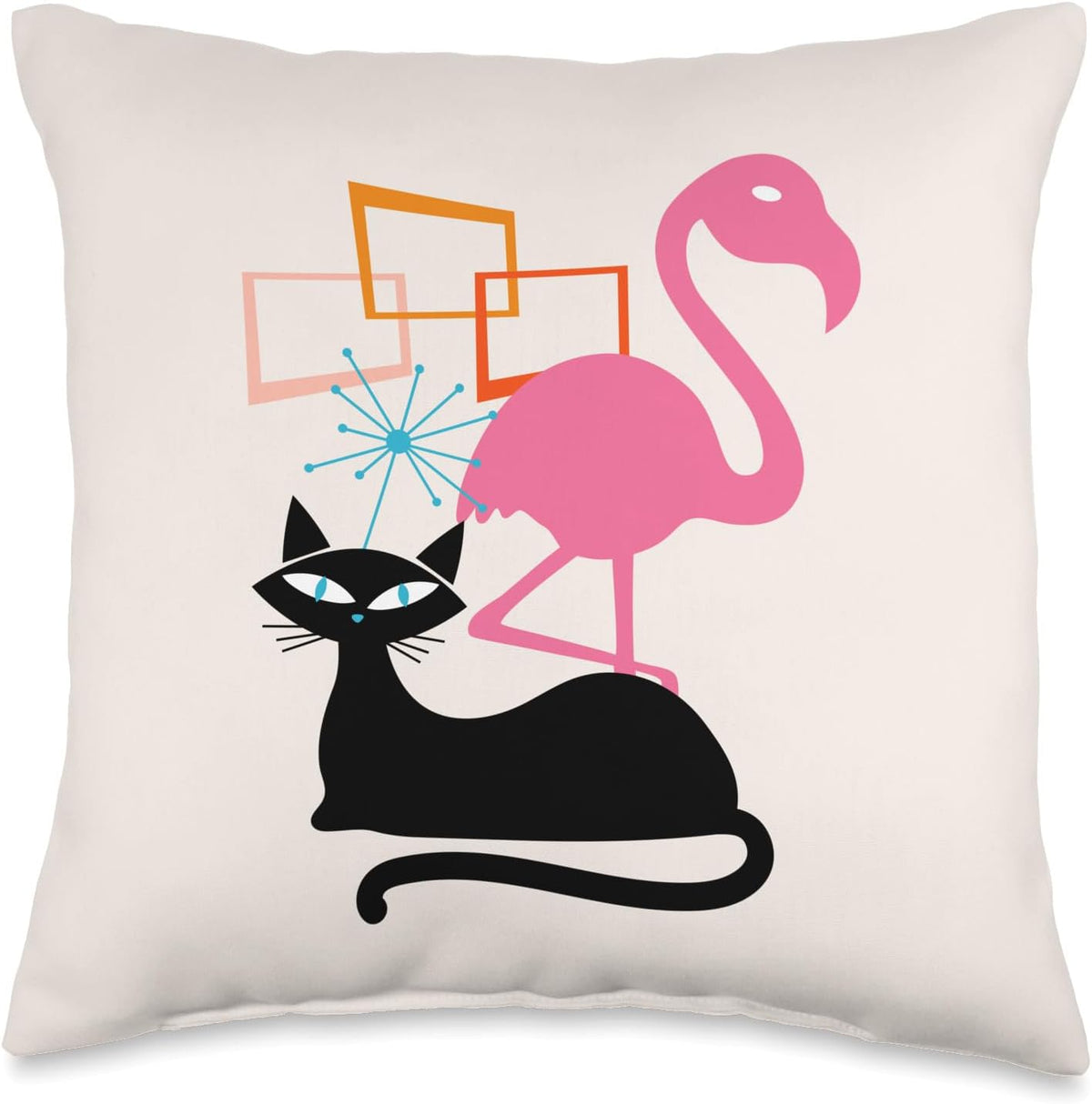 Flamingo and Cat Midcentury Mid Century Stardust Modern Throw Pillow