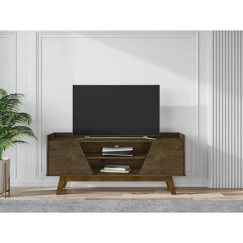 Dresden Collection | Floating Brass-Accented Walnut TV Stand - featuring close-up joinery and artisanal finish quality in a Mid-Century Modern living room setting.