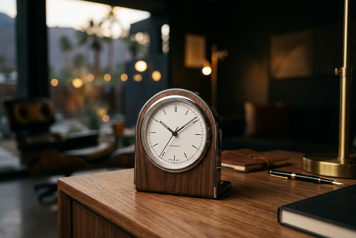 Walnut & Chrome Desk Clock | Swiss Dial