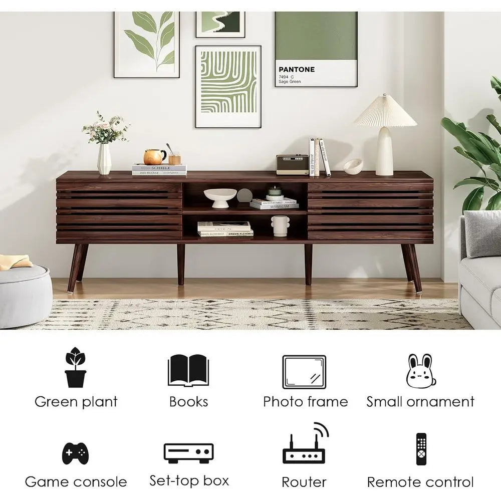 Ellington Collection | Fluted Walnut Media Console - presented at scale within a designed interior in a Mid-Century Modern entryway setting.
