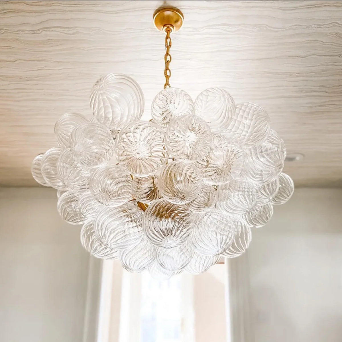 Fontaine Collection | Ribbed Glass-Topped Ribbed Glass Pendant - detail view 12 revealing design nuance in a Mid-Century Modern bedroom setting.