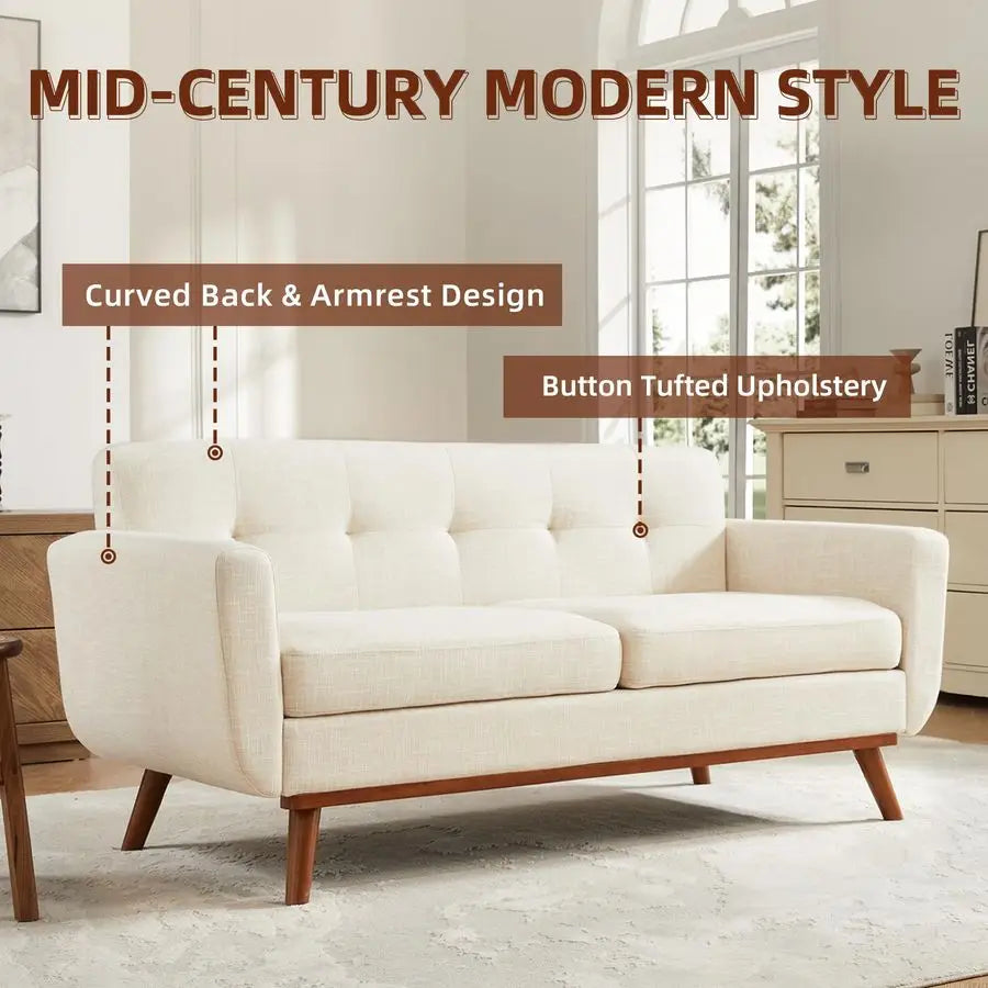 Dresden Collection | Tapered-Leg Leather-Wrapped Walnut Loveseat - showcasing full sculptural form and curated finish in a Mid-Century Modern living room setting.