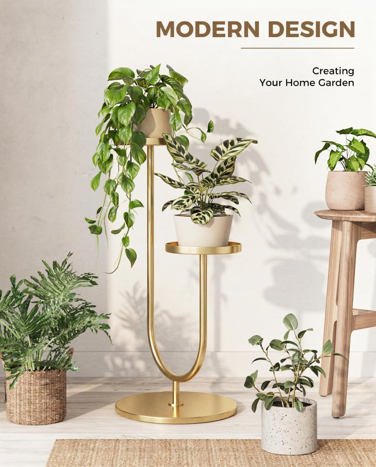 Indoor Corner Plant Stands 2 Tier Plant Shelf for Tall Plant Holder Black Plant Shelves for Living Room Bedroom Midcentury Modern Home Decor(Gold)