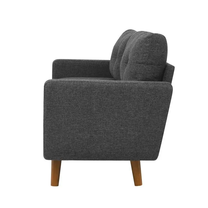 Ellington Collection | Streamlined Velvet-Cushioned Velvet Tufted Loveseat - highlighting material texture and craftsmanship detail in a Mid-Century Modern living room setting.