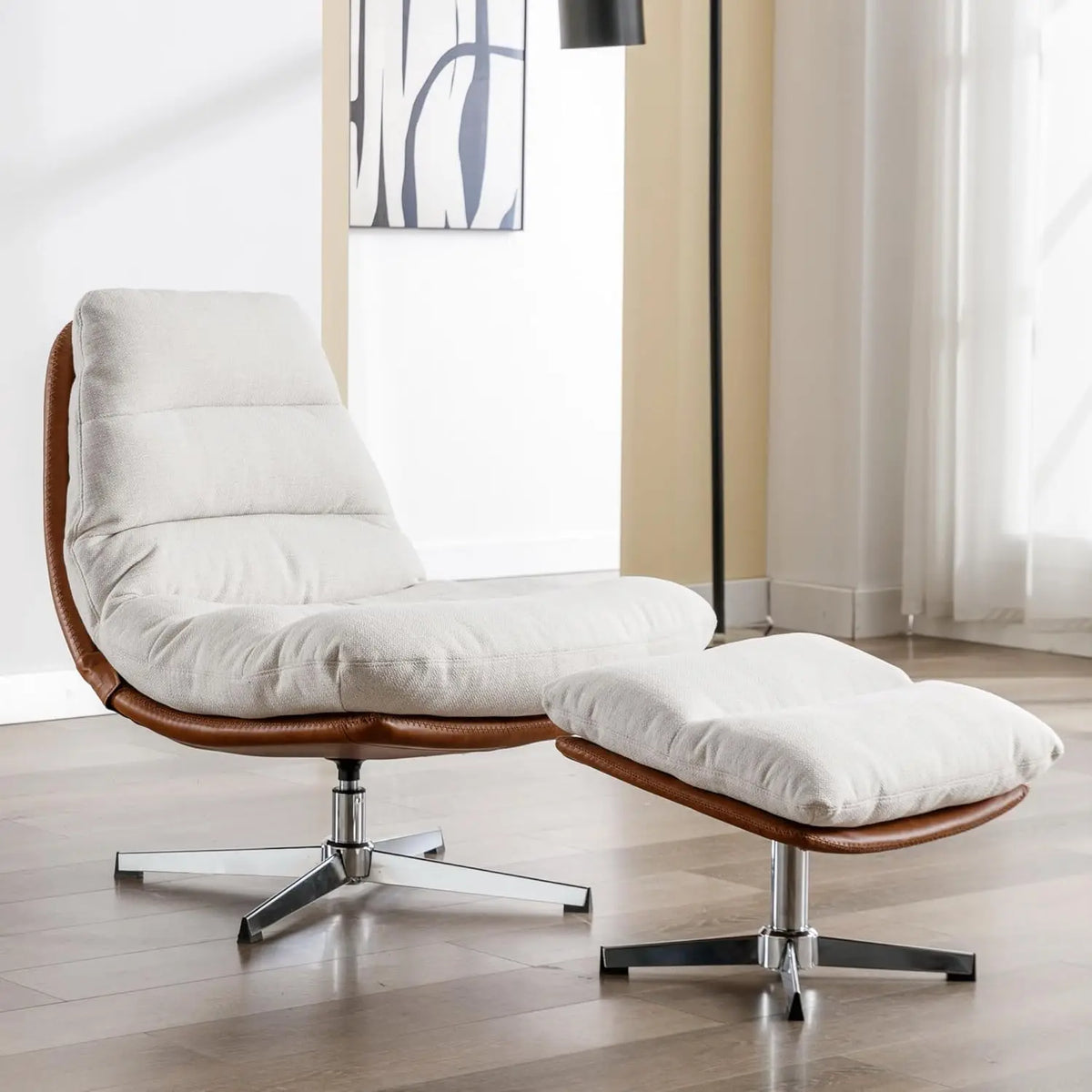Ellington Collection | Floating Leather-Wrapped Walnut Swivel Chair and Ottoman - featuring close-up joinery and artisanal finish quality in a Mid-Century Modern living room setting.