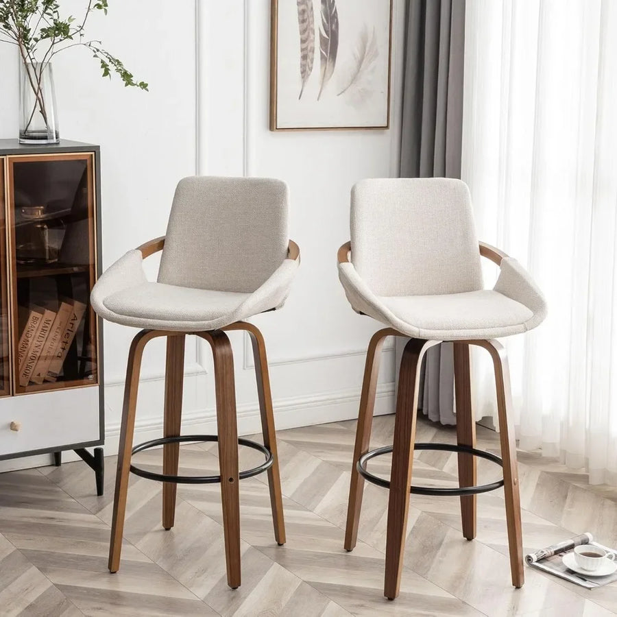 Meridian Collection | Arched Atomic-Era Charcoal & Beige Swivel Barstools - showcasing full sculptural form and curated finish in a Mid-Century Modern dining room setting.