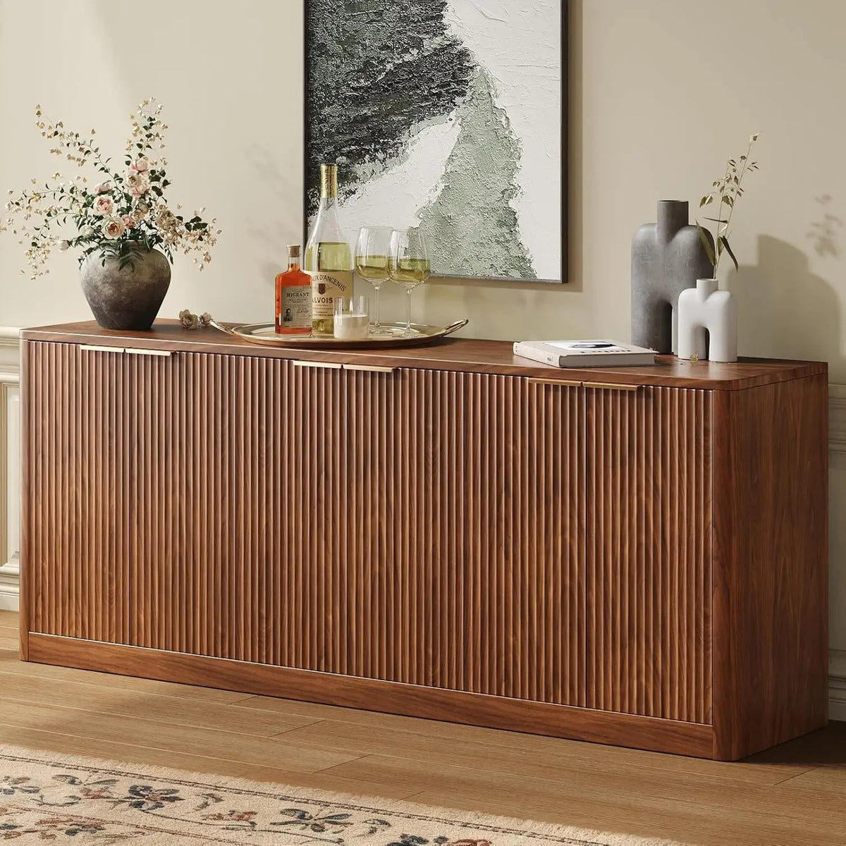 Dresden Collection | Panoramic Fluted Fluted Walnut Buffet - featuring close-up joinery and artisanal finish quality in a Mid-Century Modern living room setting.