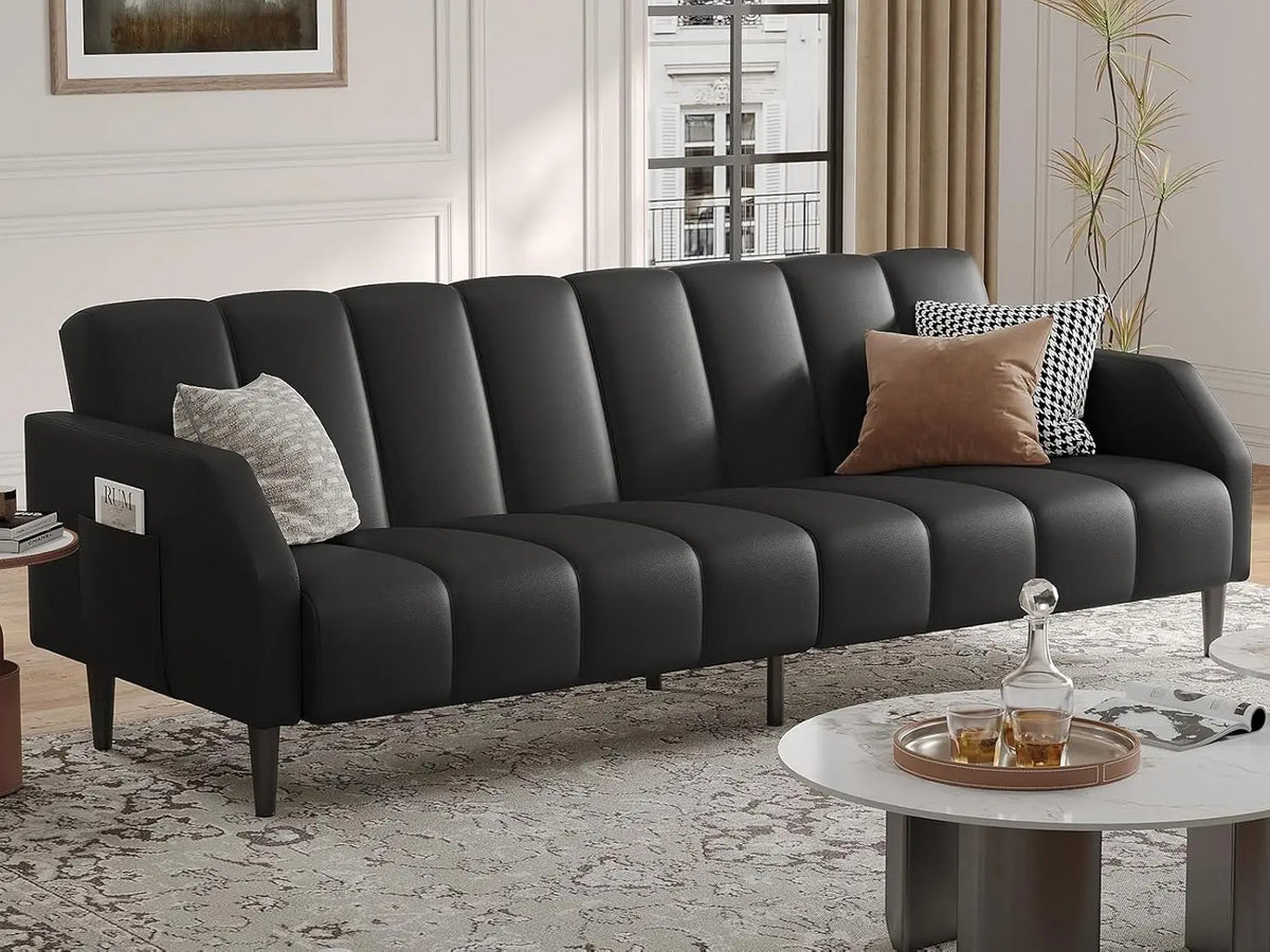 Belmont Collection | Streamlined Leather-Wrapped Convertible in Luxe Faux Leather - featuring close-up joinery and artisanal finish quality in a Mid-Century Modern living room setting.