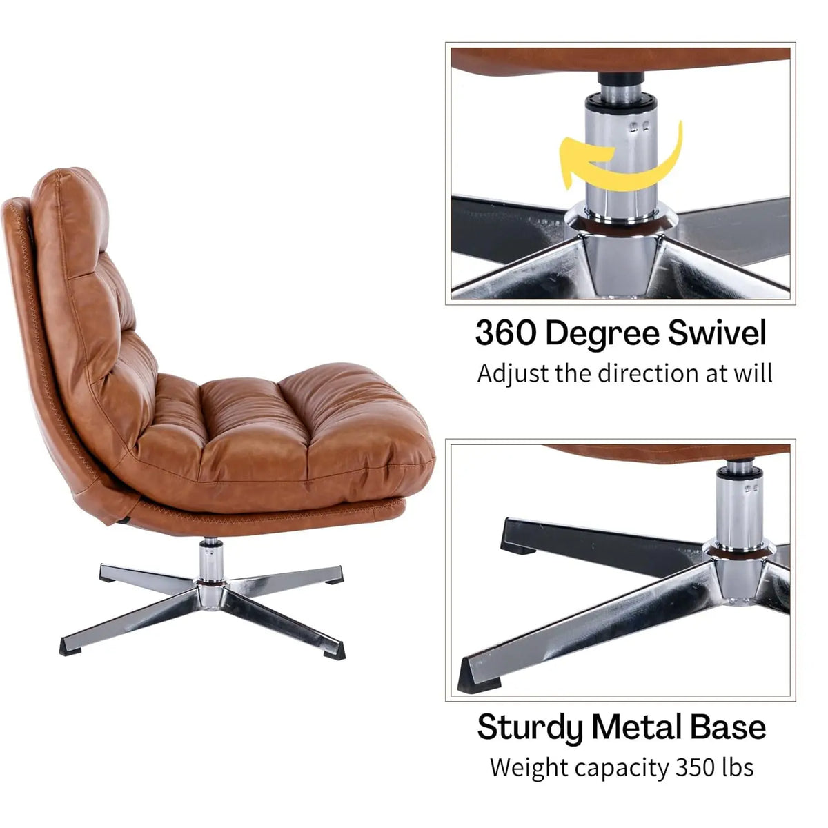 Ellington Collection | Floating Leather-Wrapped Walnut Swivel Chair and Ottoman - captured in a curated lifestyle vignette in a Mid-Century Modern living room setting.