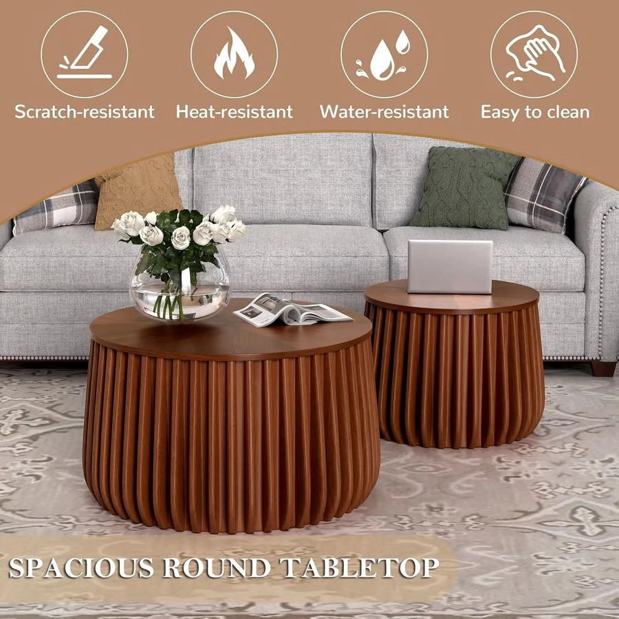 Astoria Collection | Fluted Circular Fluted Walnut Nesting Tables - showcasing full sculptural form and curated finish in a Mid-Century Modern living room setting.