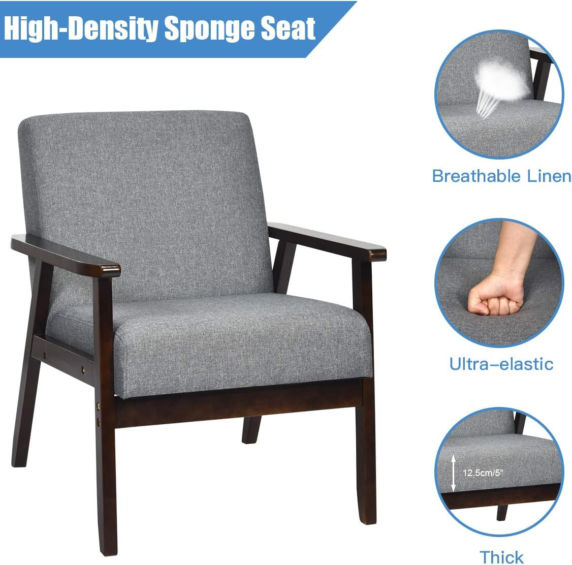 GIANTEX Mid-Century Modern Accent Chair, Retro Fabric Armchair, Solid Hardwood Made, Upholstered Linen Lounge Arm Chair for Living Room (1, Dark Grey)