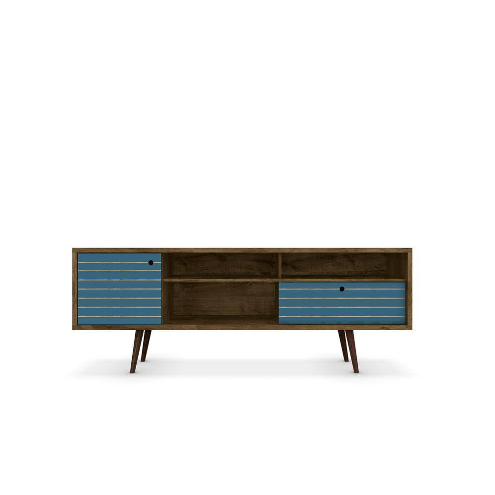 Liberty 70.86 In. Rustic Brown and Aqua Blue TV Stand Fits Tvs up to 65 In. with Storage Doors and Cable Management