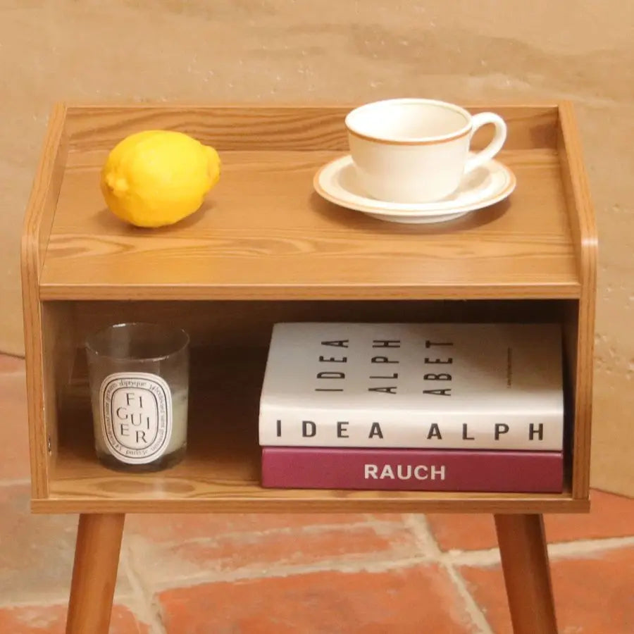 Fontaine Collection | Tapered-Leg Brass-Accented Walnut Nightstand - featuring close-up joinery and artisanal finish quality in a Mid-Century Modern bedroom setting.