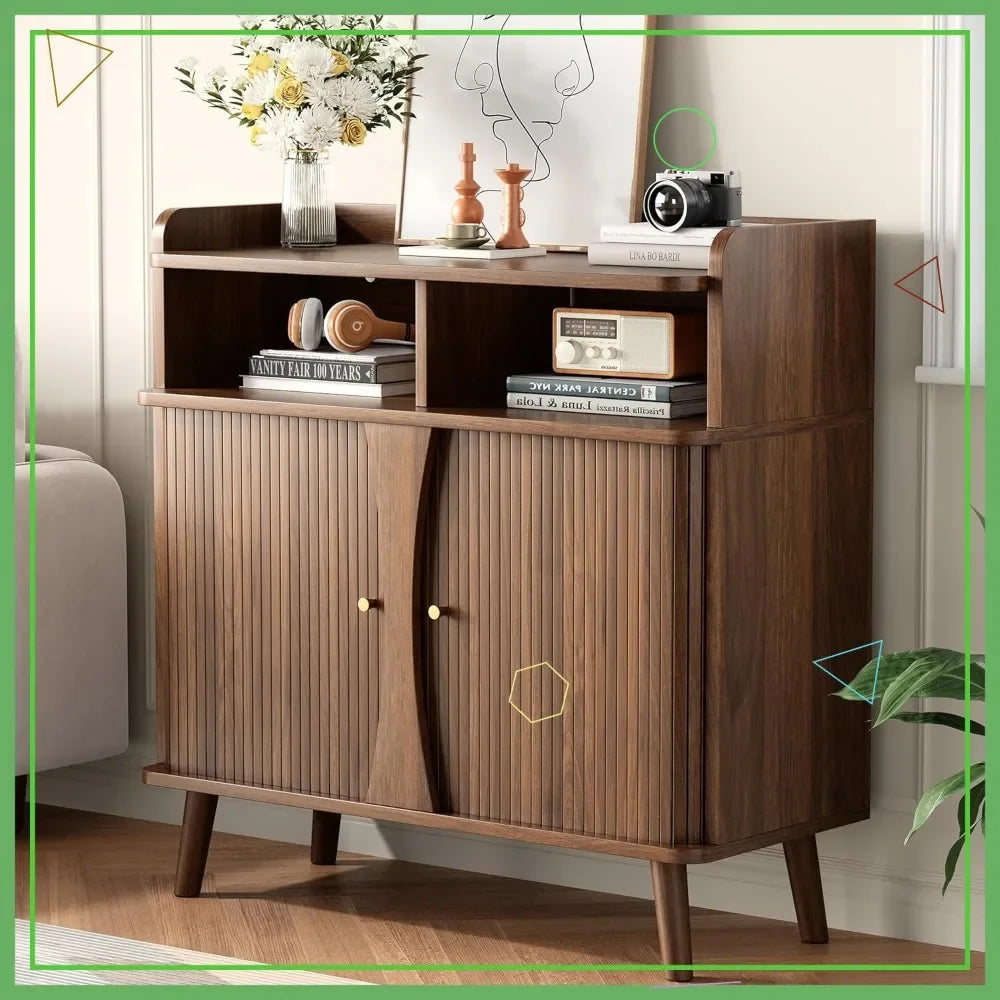 Belmont Collection | Tapered-Leg Brass-Accented Walnut Buffet - showcasing full sculptural form and curated finish in a Mid-Century Modern living room setting.