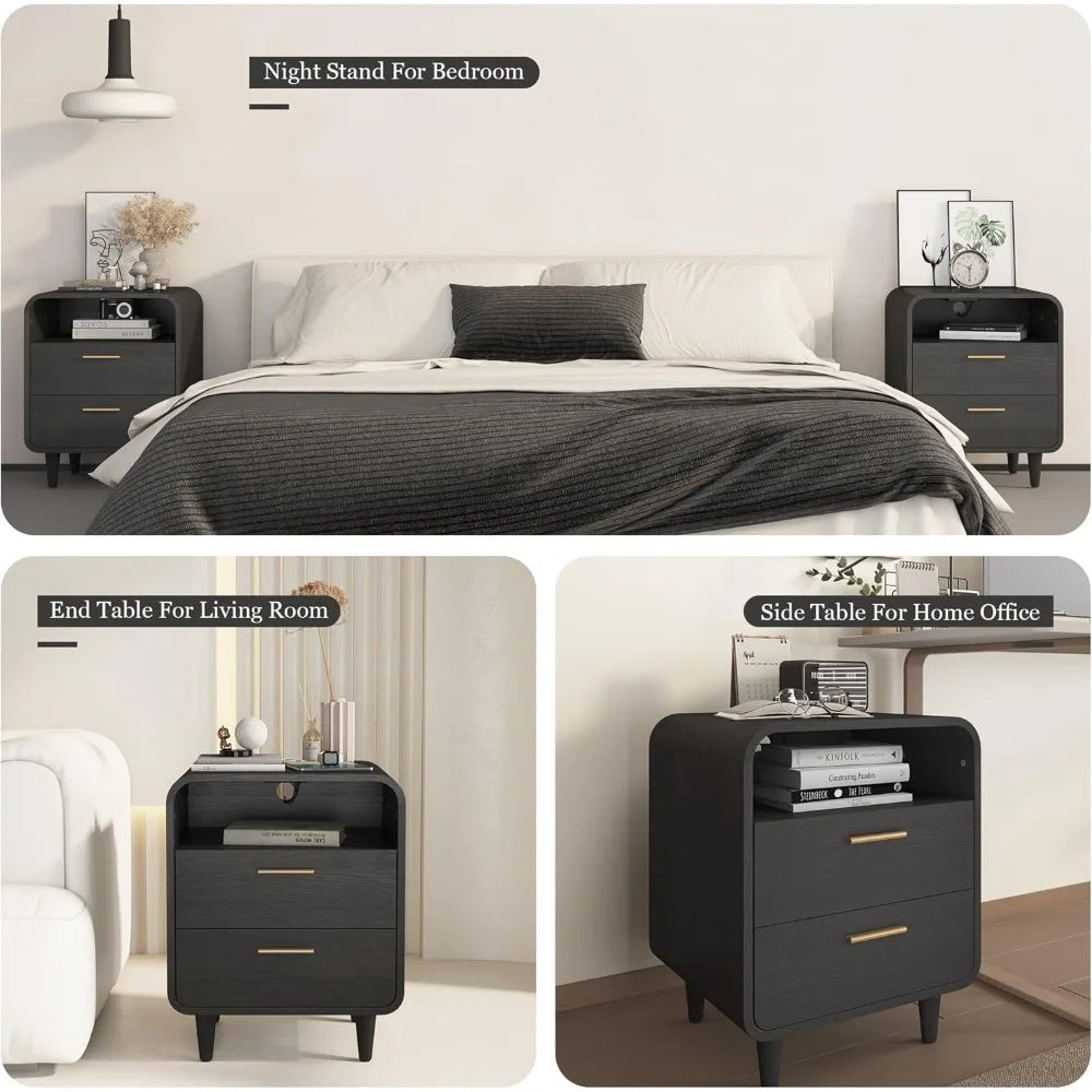 Meridian Collection | Tapered-Leg Walnut Charging Nightstand - captured in a curated lifestyle vignette in a Mid-Century Modern bedroom setting.