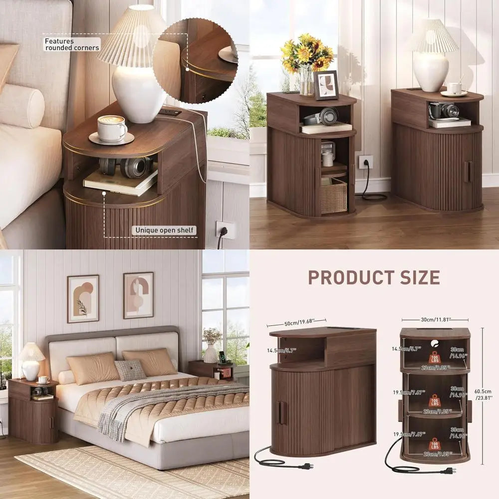Dresden Collection | Fluted Brass-Accented Walnut Charging Station - presented at scale within a designed interior in a Mid-Century Modern living room setting.
