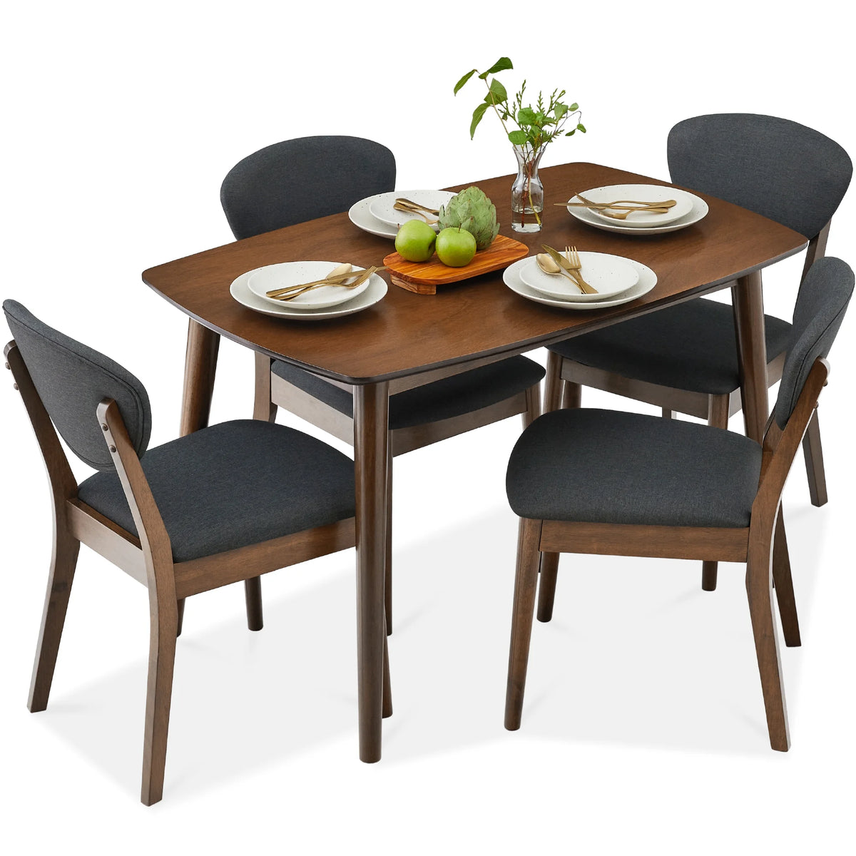5-Piece Compact Wooden Mid-Century Modern Dining Set W/ 4 Chairs, Padded Seat & Back - Walnut/Cream