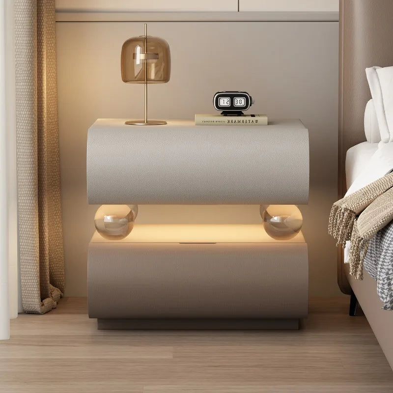 Belmont Collection | Tapered-Leg Nordic Nordic Bedside Table - exhibiting shadow play and geometric silhouette detail in a Mid-Century Modern bedroom setting.
