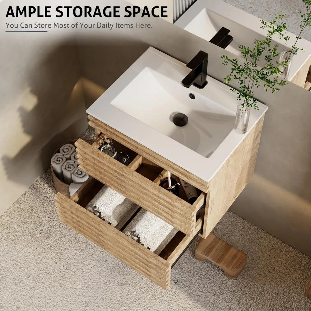 Dresden Collection | Floating California Floating Walnut Vanity - featuring close-up joinery and artisanal finish quality in a Mid-Century Modern bathroom setting.