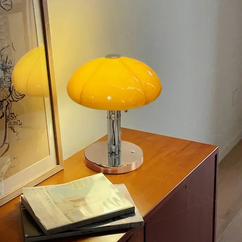 Fontaine Collection | Splayed-Leg Atomic-Era Ceramic Mushroom Table Lamp - featuring close-up joinery and artisanal finish quality in a Mid-Century Modern living room setting.