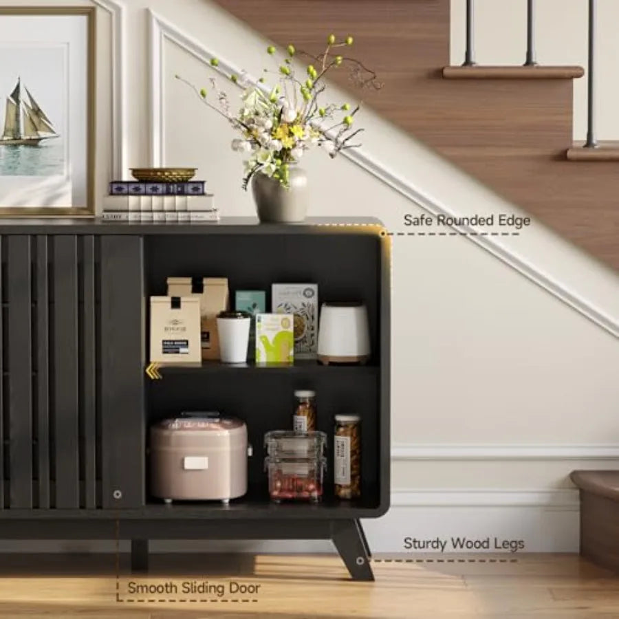 Cordoba Collection | Fluted Brass-Accented Walnut Sideboard - showcasing full sculptural form and curated finish in a Mid-Century Modern living room setting.
