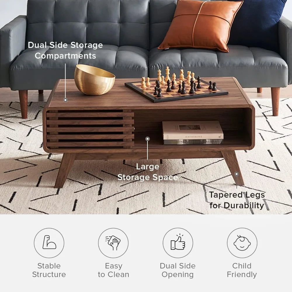 Fontaine Collection | Fluted Danish-Inspired Walnut Coffee Table - captured in a curated lifestyle vignette in a Mid-Century Modern living room setting.