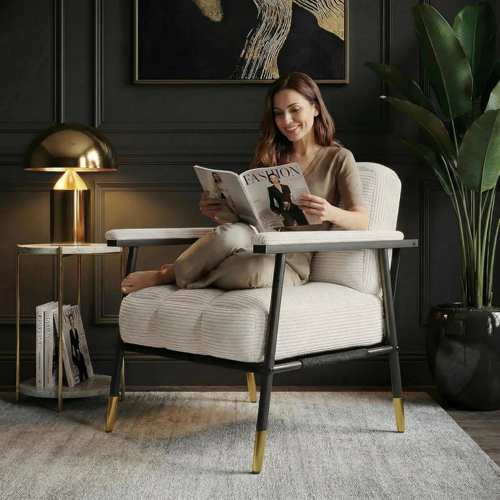 Valencia Collection | Sculptural Chrome-Detailed Corduroy & Chrome Accent Chair - framed in an editorial still-life composition in a Mid-Century Modern living room setting.