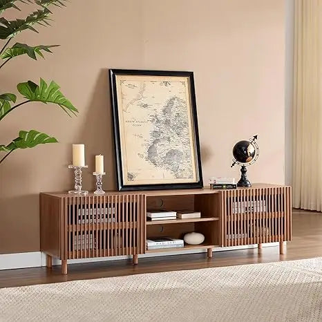 Dresden Collection | Grand Slatted Walnut Media Console - framed in an editorial still-life composition in a Mid-Century Modern entryway setting.