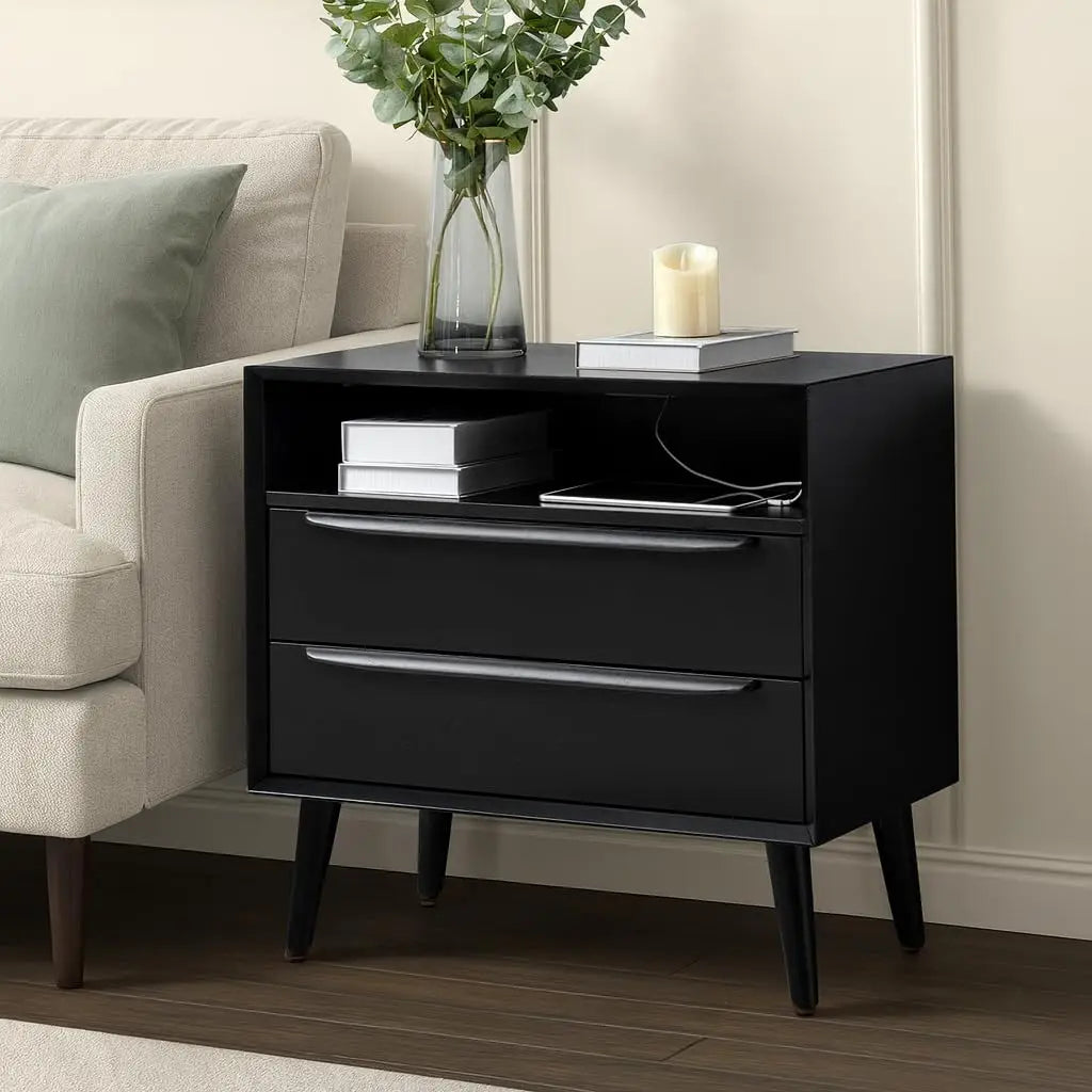 Meridian Collection | Fluted Brass-Accented Walnut Charging Console - detail view 13 revealing design nuance in a Mid-Century Modern entryway setting.