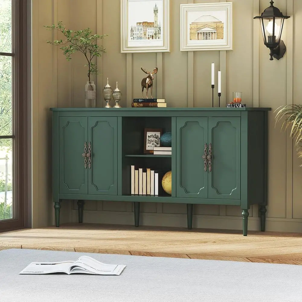 Belmont Collection | Geometric Brass-Accented Emerald Walnut Sideboard - showcasing full sculptural form and curated finish in a Mid-Century Modern living room setting.