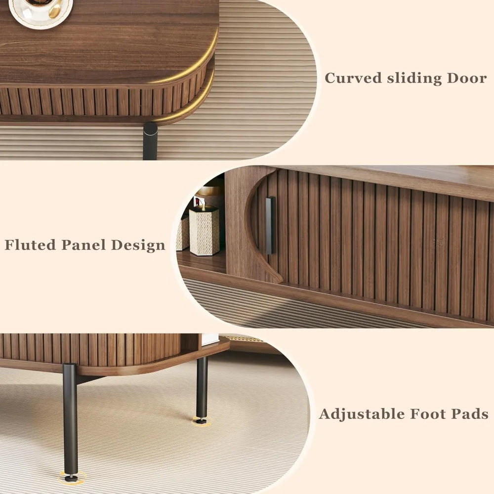 Fontaine Collection | Fluted Atomic-Era Fluted Walnut Coffee Table - highlighting material texture and craftsmanship detail in a Mid-Century Modern living room setting.