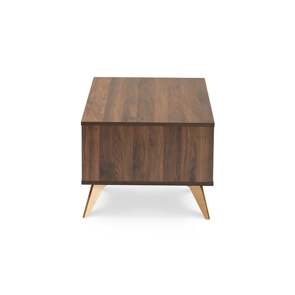 Edel Mid-Century Modern Walnut Brown and Gold Finished Wood Coffee Table