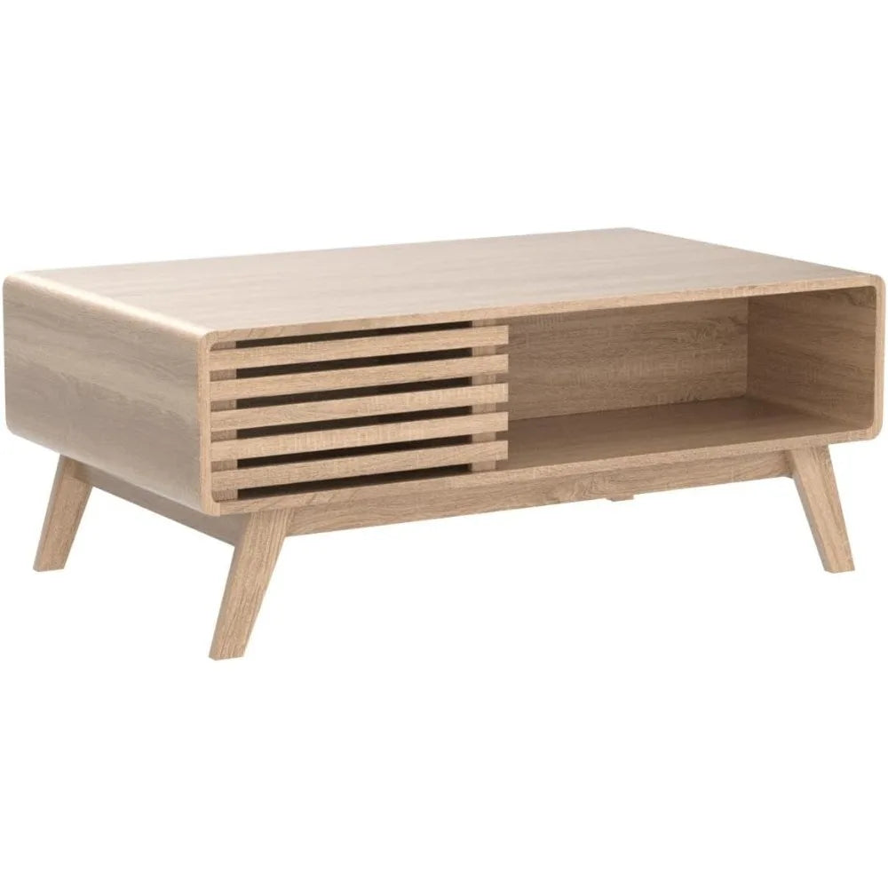 Belmont Collection | Fluted Atomic-Era White Oak Coffee Table - revealing tonal warmth and surface patina under ambient light in a Mid-Century Modern living room setting.