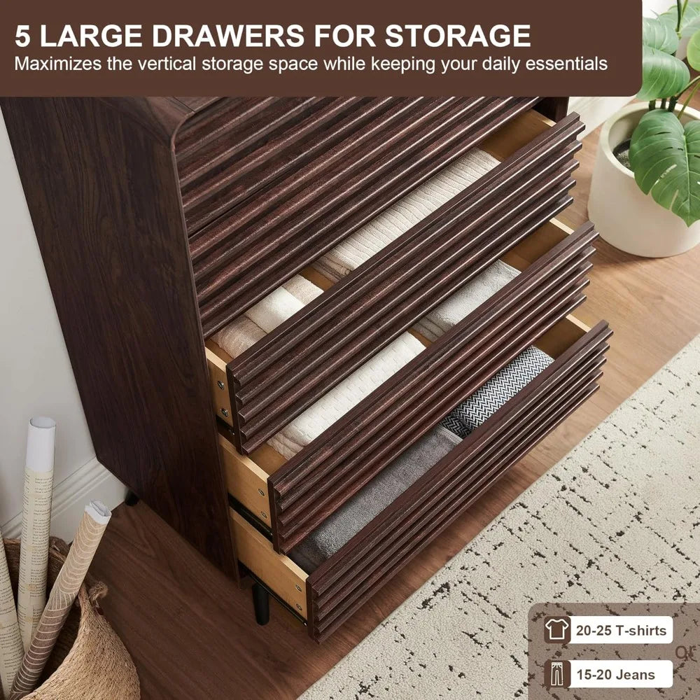 Ellington Collection | Fluted Atomic-Era Fluted Walnut Dresser - styled from an alternate angle revealing dimensional depth in a Mid-Century Modern bedroom setting.