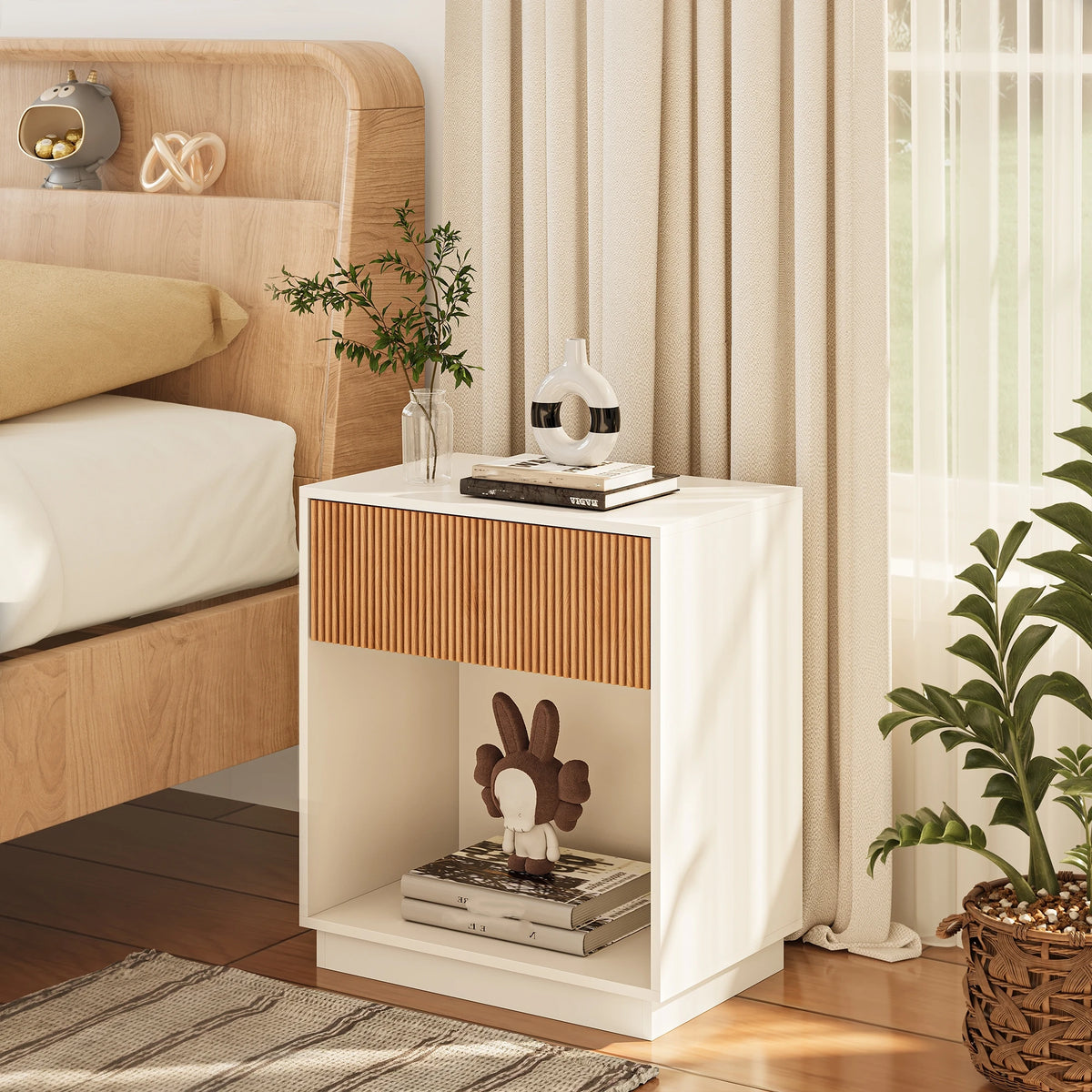 Belmont Collection | Fluted Brass-Accented Fluted Walnut Nightstand Set - styled from an alternate angle revealing dimensional depth in a Mid-Century Modern bedroom setting.