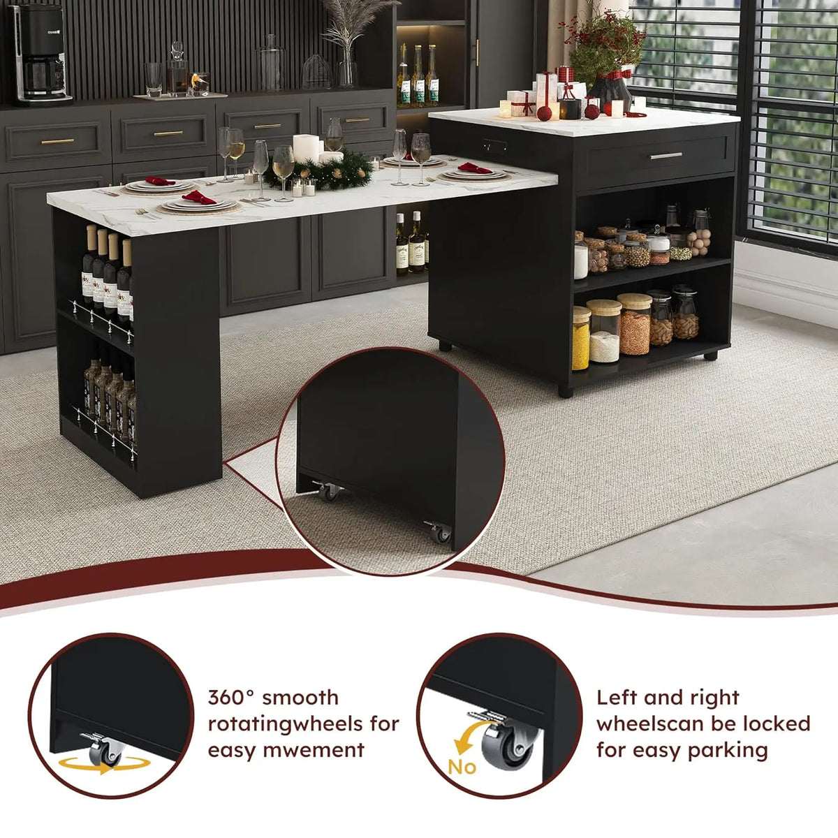 Ellington Collection | Tapered-Leg Brass-Accented Walnut Kitchen Island - presented at scale within a designed interior in a Mid-Century Modern kitchen setting.
