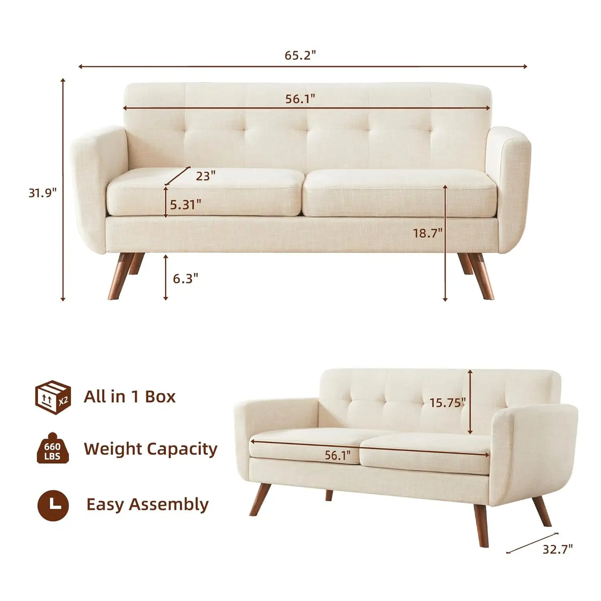 Ellington Collection | Sculptural Atomic-Era Button-Tufted Loveseat - styled from an alternate angle revealing dimensional depth in a Mid-Century Modern living room setting.