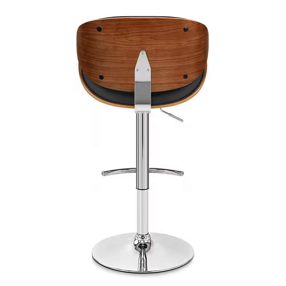 Naples Bar Stool in Chrome with Black Pu Upholstery and Walnut Veneer Back