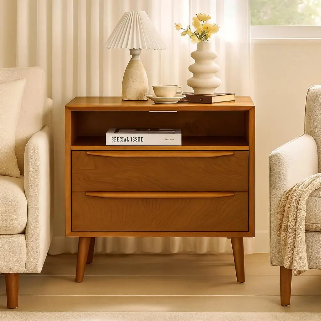 Meridian Collection | Fluted Brass-Accented Walnut Charging Console - showcasing form and function in daily use context in a Mid-Century Modern entryway setting.