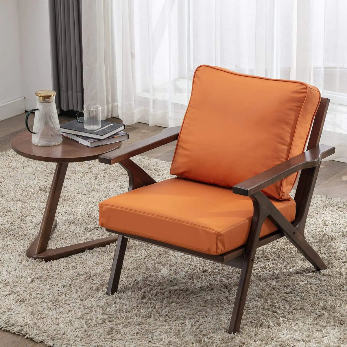 Dresden Collection | Tapered-Leg Leather-Wrapped Cognac Leather Accent Chair - highlighting material texture and craftsmanship detail in a Mid-Century Modern living room setting.
