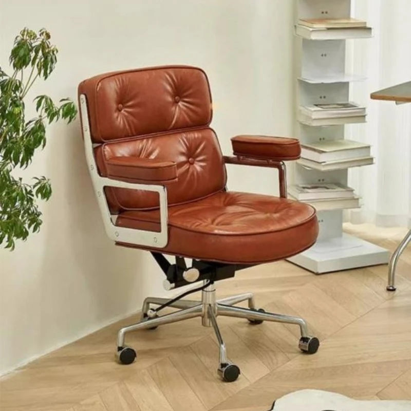 Dresden Collection | Sculptural Leather-Wrapped Executive Swivel - featuring close-up joinery and artisanal finish quality in a Mid-Century Modern living room setting.
