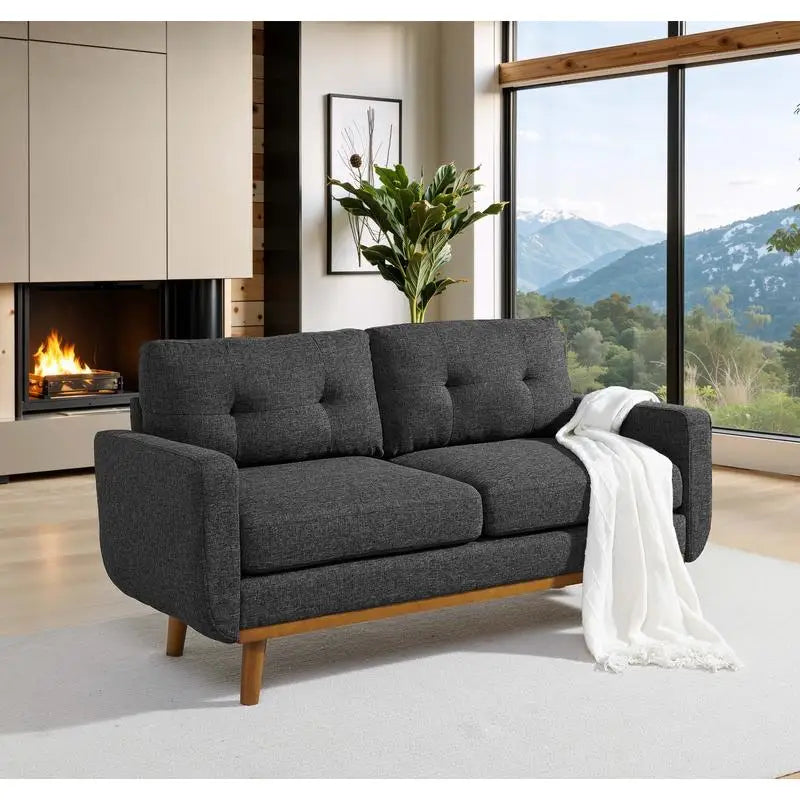 Ellington Collection | Streamlined Velvet-Cushioned Velvet Tufted Loveseat - presented at scale within a designed interior in a Mid-Century Modern living room setting.